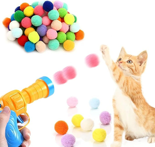 Cat Toy Ball Launcher, 100PCS 1.18 inch Plush Pompom Balls and 1 Cat Ball Toy Launcher, Interactive Kitten Toys for Indoor Cats, Colorful Soft Cat Balls, Great for Training, Play and Hunting