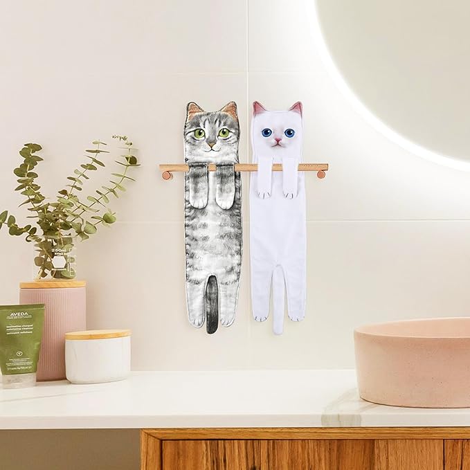 Cat Hand Towels for Kitchen and Bathroom - Cute Decor Gadgets - Hanging Soft Absorbent Face Towel - Funny Birthday, Mother's Day, Housewarming Holiday Unique Gifts for Women, Mom, Lady, Cat Lovers