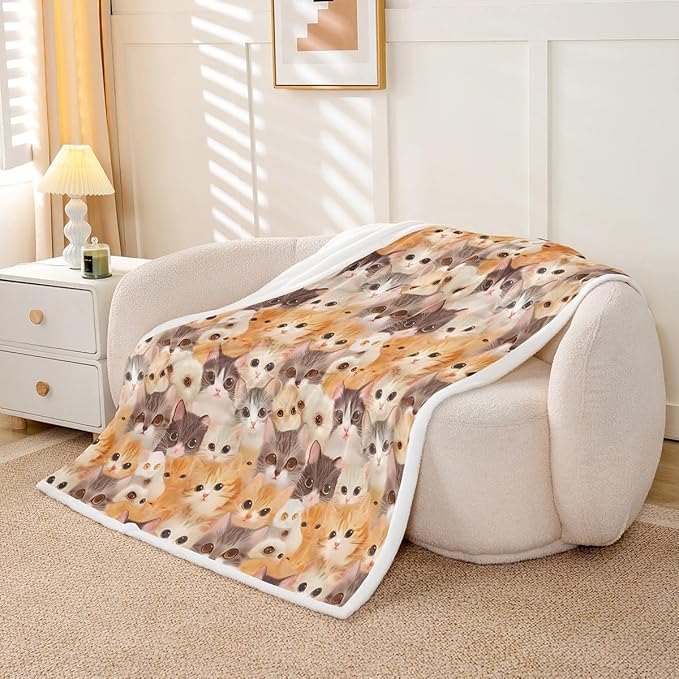 Cat Throw Blanket Kids Girls Cute Kitten Cats Print Warm Fuzzy Blanket for Bed Sofa Kawaii Lovely 3D Animal Fleece Sherpa Blanket Soft Animal Cat Collection Flannel Blanket Room Decor 40"x50"