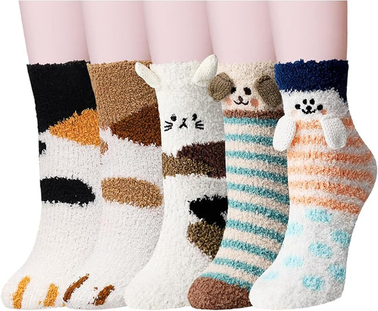 3-6 Pairs Womens Fuzzy Socks Cozy Fluffy Slipper Socks Cute Soft Cat Animal Winter Warm Sleep Socks Gifts