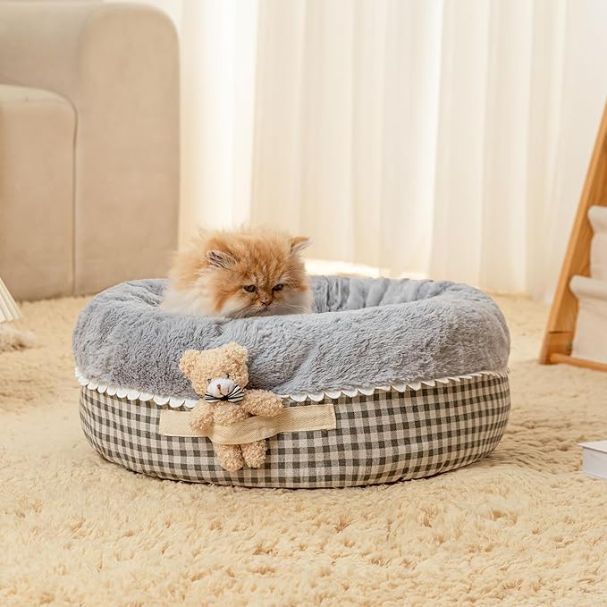 Jiupety Teddy Donut Bed for Indoor Cats, Washable & Warm Small Dog Bed, Cute Fluffy Round Kitten Bed, Suitable for Cat and Puppy, Anti-Slip Calming Princess Kitty Bed, Gray, 26"×26", Fit 25lbs