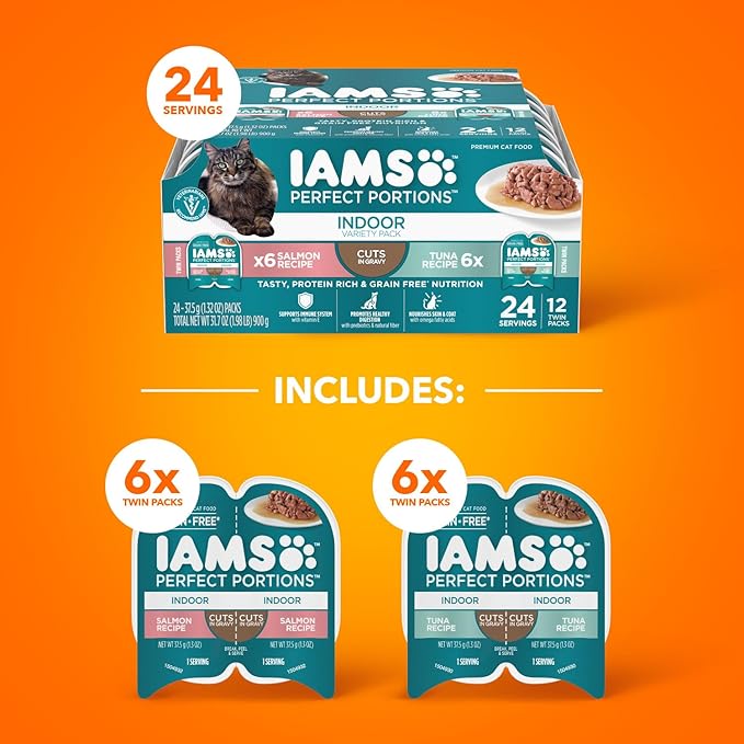 Iams Perfect Portions Indoor Adult Grain Free Wet Cat Food Pate Variety Pack, Salmon and Tuna Recipes, 2.6 oz. Easy Peel Twin-Pack Trays (12 Count, 24 Servings)