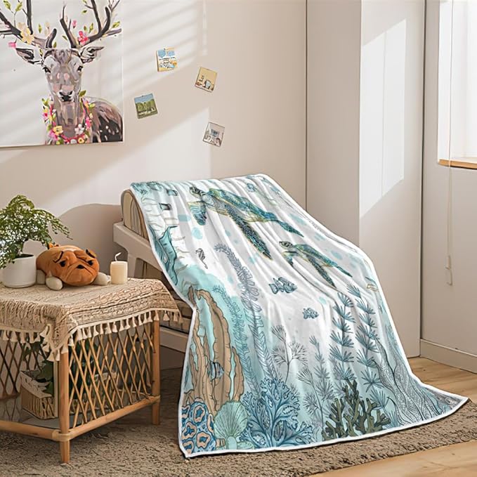Turtle Blanket Funny Seashell Coral Beach Themed Throw Blankets, Farmhouse Sea Ocean Lightweight Soft Fleece Cozy Fleece Throw Blanket All Season Cozy Soft Lightweight Couch Sofa Bed Bedding