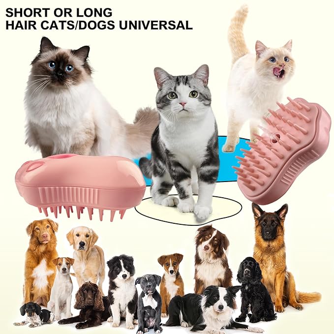 3in1 Cat Steam Brush,Multifunctional Rechargeable Cute Steamy Pet Brush for Short Or Long Hair Cats/Dogs To Massage/Clean/Eliminate Flying&Tangled Hair With USB Cable-Pink Cat Paw