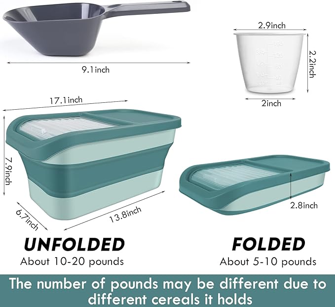 Pet Food Storage Containers, Collapsible Dog Food Container with Sliding Lid,13lb Cat Food Storage with Measuring Cup & Scoop, Plastic Dog Food Bin（green）