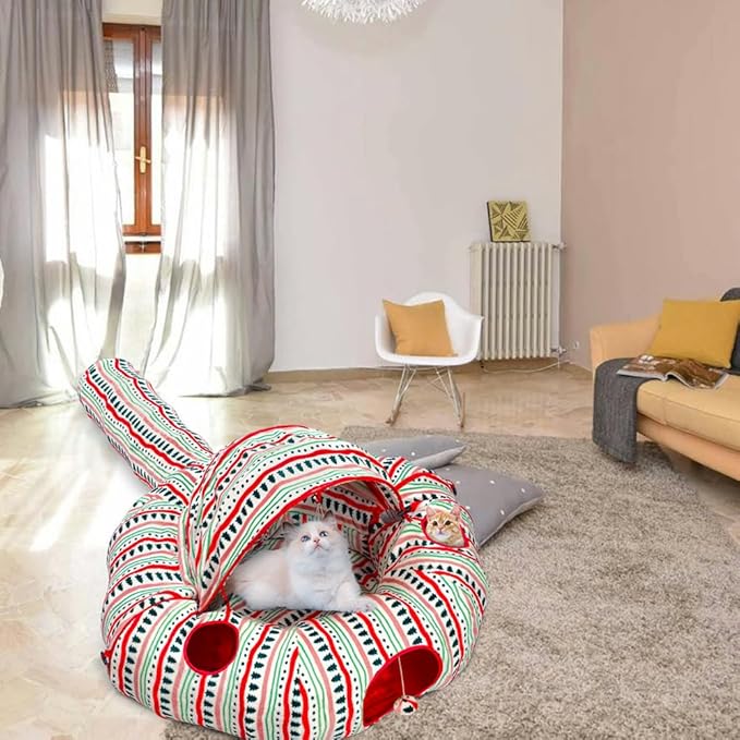 Cat Tunnel Bed for Indoor Cats, Soft Plush Peekaboo Cat Cave Donut Tunnel, Multifunctional Cat Playground Toys Hideplace for Small Medium Large Cats, Kittens, Rabbit, Ferret (Red)