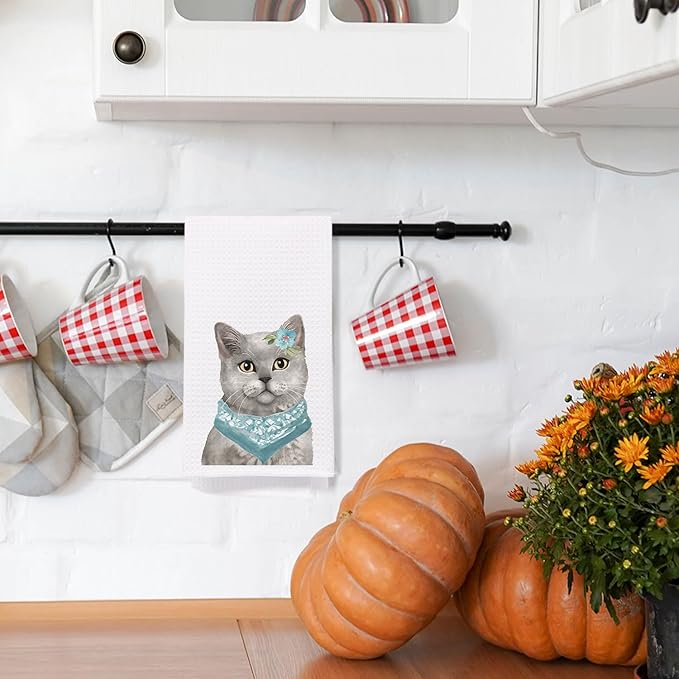 Grey Cat Kitchen Towels, Teal Bandana Grey Cat Dish Towels for Kitchen, Cat Hand Towels for Bathroom Kitchen, Grey Cat Gifts, Cat Gifts for Cat Lovers Women, Cat Kitchen Bathroom Decor, 16x24 Inches