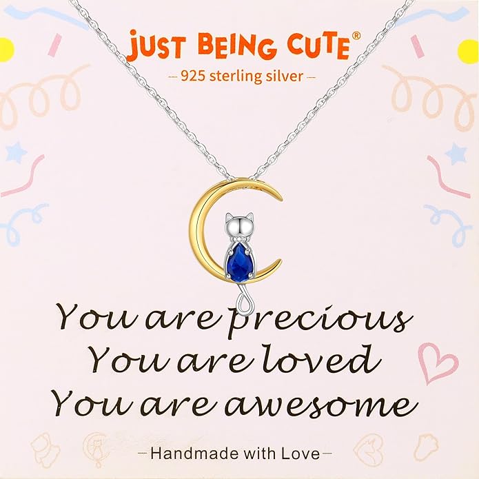 Birthstone Necklace for Women Girls, Cat Necklaces 925 Sterling Silver Teardrop Pendant 18K Gold-Plated Birthstone Jewelry Gifts for Birthday Easter