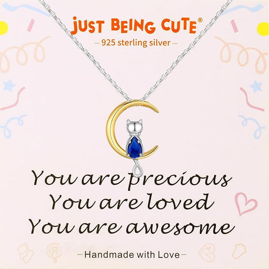 Birthstone Necklace for Women Girls, Cat Necklaces 925 Sterling Silver Teardrop Pendant 18K Gold-Plated Birthstone Jewelry Gifts for Birthday Easter