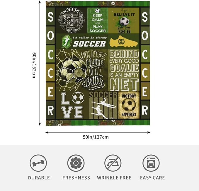 Soccer Blanket Sport Theme Throw Blanket Ultra Soft Cozy Fleece Soccer Gift for Soccer Lover Fuzzy Plush Bedding Blankets for Soccer Team Player Kids Teens Adults Girls Boys Women Men 60"x50"