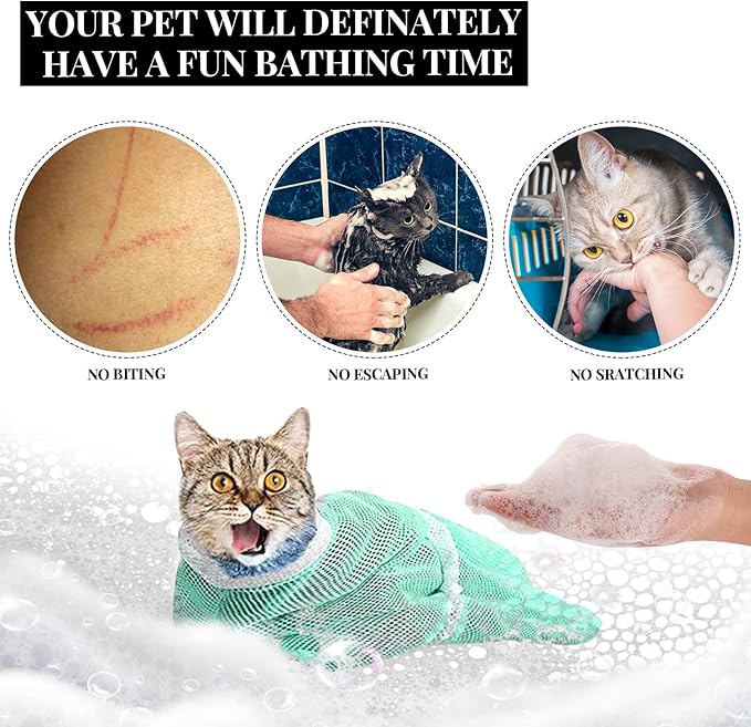 2PCS Cat Bathing Bag, Adjustable Cat Grooming Net Bag Breathable Cat Shower Bag for Cat Restraint Washing Bathing Nail Trimming Injection Medicine Taking (Green, Grey)