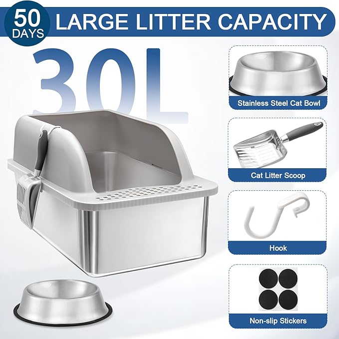 14" High Stainless Steel Cat Litter Box with Lid, Metal Litter Box for Big Cats, Stainless Steel Cat Litter Box for High Peeing Cat, XL Litter Box Easy to Clean, Non-Sticky, with Scoop