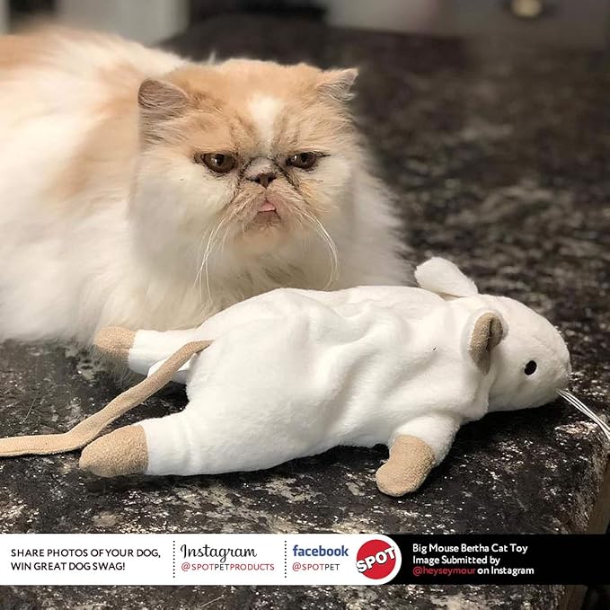 SPOT Big Mouse Bertha with Catnip - Lifelike Cat Toy, Fuzzy Mice with Catnip and Crinkle Sound, Large Size for Cuddling, Chasing, Playing - 7in Plush Toys, Assorted Colors