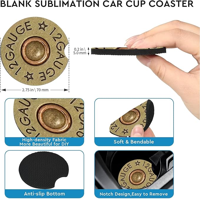 Car Coasters for Cup Holders,2 Pack Cool 12 Gauge Bullet Shaped Brass Rubber Car Cup Holder Coasters,2.75" Universal Size Anti Slip Rubber Mat,Automotive Cup Holder Decal Decor for Men,Dad
