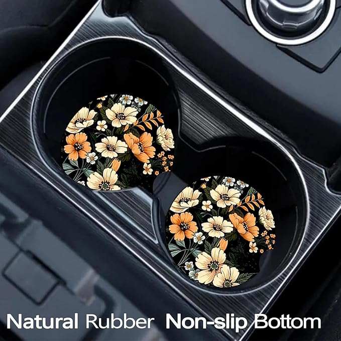 Car Coasters for Cup Holders,2 Pack Flowers Car Coasters,2.75" Universal Size Anti Slip Rubber Mat,Automotive Cup Holder Decal Decor Accessories,Rubber Car Cup Mat for Women,Men,Mom