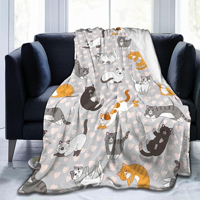 Cute Cat Kawaii Kitten Blanket, Soft Blankets Flannel Bed Throw Cozy Lightweight Plush Gifts for Kids Boys Girls Women Men Sofa Couch Bedroom Living Rooms Warm All Season, Home Decor, Small 50"x40"