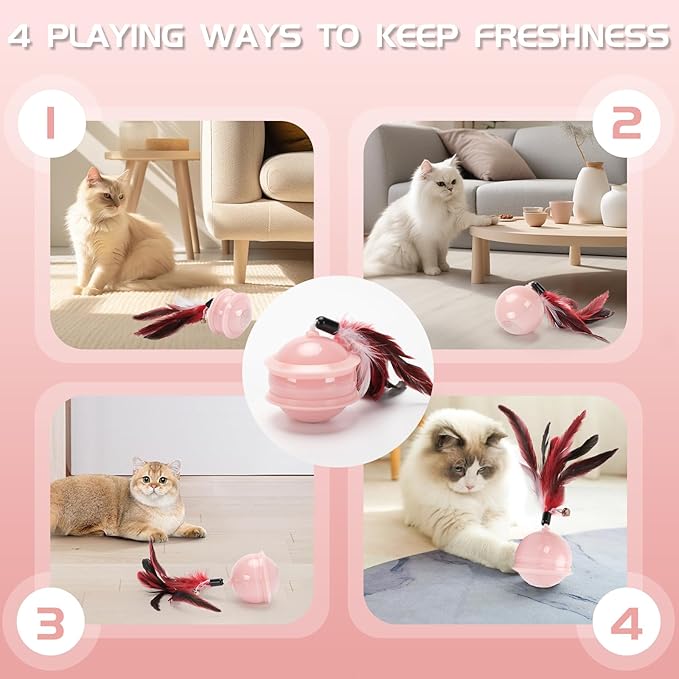 LED Interactive Cat Toy Ball, Cat Feather Toy Ball Cat Chase Toy Automatic Moving Ball Cat Feather Toy Rechargeable Self Rolling Ball (Pink)