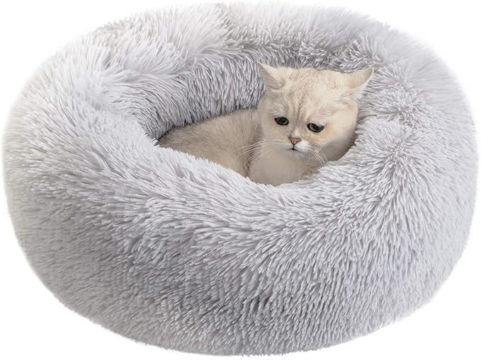 Round Donut Cat and Dog Cushion Bed, Pet Bed for Cats or Small Dogs, Anti-Slip & Water-Resistant Bottom, Super Soft Durable Fabric Pet Beds, Washable Luxury Cat & Dog Bed Light Grey 19.7'