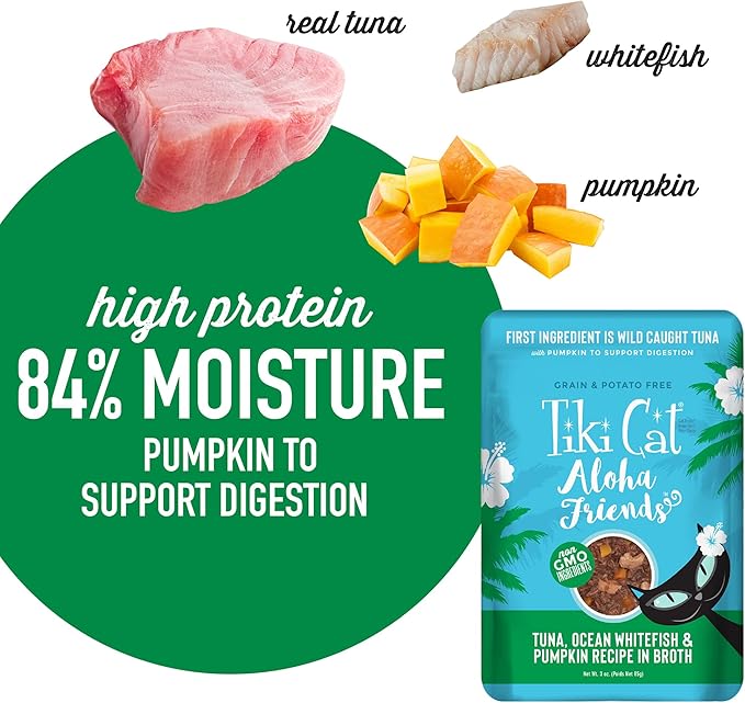 Tiki Cat Aloha Friends, Tuna, Ocean Whitefish & Pumpkin, Grain-Free & High Moisture, Wet Cat Food for All Life Stages 3 oz. Pouch (Pack of 12)