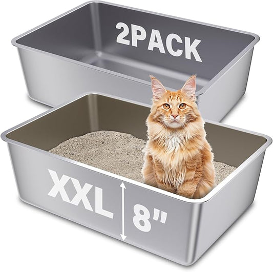 2 Pack Stainless Steel Cat Litter Box, 23.6"x15.8"x8" XXL Stainless Steel Litter Box 8 inch Deep, Extra Large Metal Litterbox for Big Cats, Non Stick Easy Clean Surface, High Sided