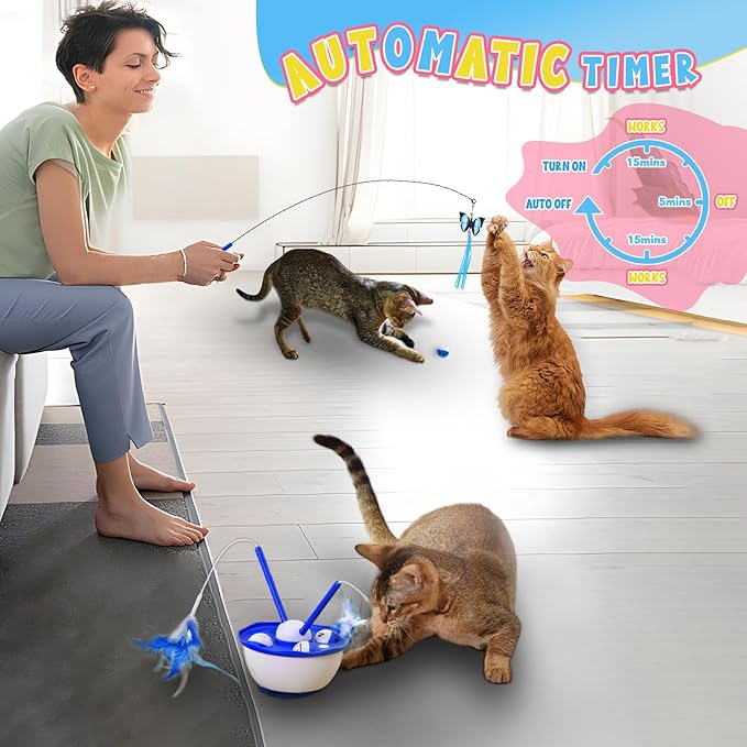 Cat Toys 4 in 1 Automatic Interactive Kitten Toy, Fluttering Butterfly, Moving Feathers, Bell Balls, USB Powered, Cat Exercise Toy Self Play for Bored Indoor Adult Cats