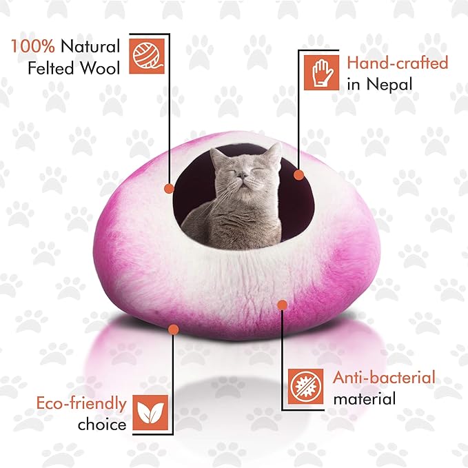 Felted Wool Cat Cave Bed ~ Perfect Handcrafted Cat Beds for Indoor Cats ~ Felted from 100% Natural Wool ~ Eco Friendly with Your Cats (Rose Petals)
