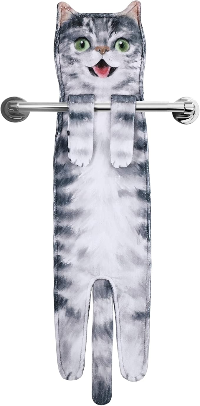 Funny Hand Towels for Bathroom Kitchen - Cute Decorative Cat Decor Hanging Washcloths Face Towels Super Absorbent Soft - Mothers Day Easter House Warming Birthday Gifts for Women Cat Lovers - Gray