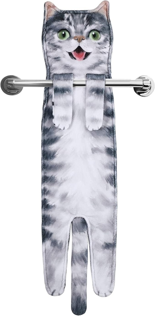 Funny Hand Towels for Bathroom Kitchen - Cute Decorative Cat Decor Hanging Washcloths Face Towels Super Absorbent Soft - Mothers Day Easter House Warming Birthday Gifts for Women Cat Lovers - Gray