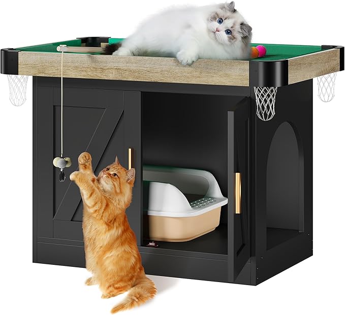DWVO 4 in 1 Cat Toys Mini Pool Table for Cats, Litter Box Enclosure for Cat Pool Table Tower with Feather Wand Interactive Exercise Play Rest Beds & Litter Box Furniture, Black, Medium