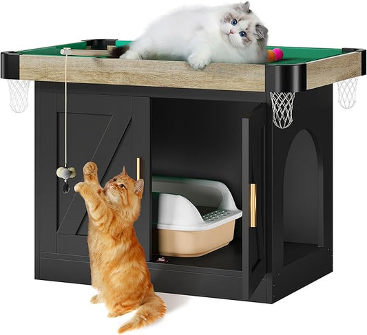 DWVO 4 in 1 Cat Toys Mini Pool Table for Cats, Litter Box Enclosure for Cat Pool Table Tower with Feather Wand Interactive Exercise Play Rest Beds & Litter Box Furniture, Black, Medium