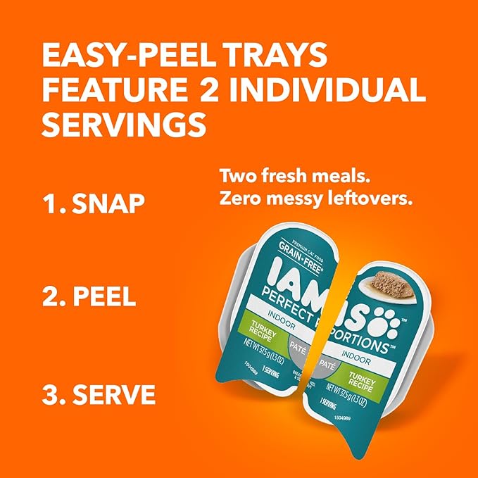 IAMS Perfect Portions Indoor Adult Grain Free Wet Cat Food Paté, Turkey Recipe, 2.6 oz. Easy Peel Twin-Pack Trays (24 Count, 48 Servings)