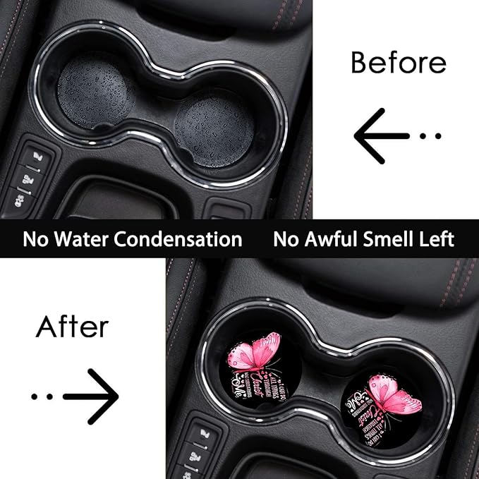 Car Coasters for Cup Holders,2 Pack Pink Butterfly Car Coasters,2.75" Universal Size Anti Slip Rubber Mat,Automotive Cup Holder Decal Decor Accessories,Butterfly Gifts for Women,Men,Mom