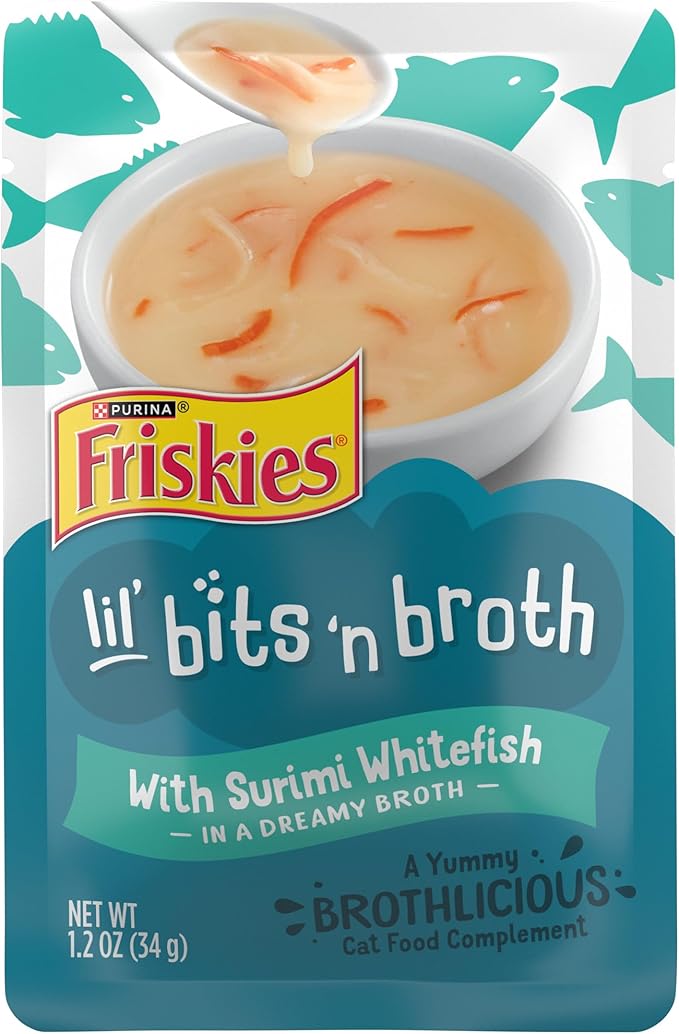 Purina Friskies Lickable Cat Food Toppers Bits ‘n Broth With Surimi Whitefish in a Dreamy Broth - (Pack of 16) 1.2 oz. Pouches