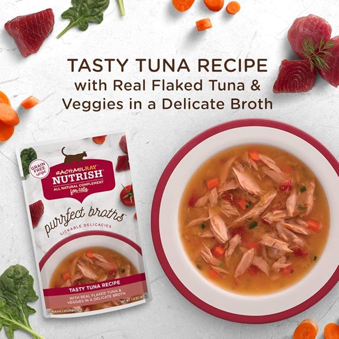Rachael Ray Nutrish Purrfect Broths Natural Wet Cat Food, Tasty Tuna Recipe with Flaked Tuna & Veggies, 1.4 Ounce Pouch (Pack of 24), Grain Free