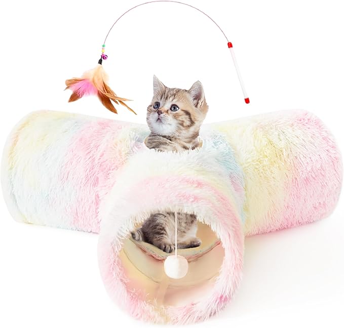 Tempcore Plush Pet Cat Tunnel Tube Cat Toys 3 Way Collapsible, Cat Tunnels for Indoor Cats，Kitty Tunnel Bored Cat Pet Toys Peek Hole Toy Ball Cat, Puppy, Kitty, Kitten, Rabbit Rainbow