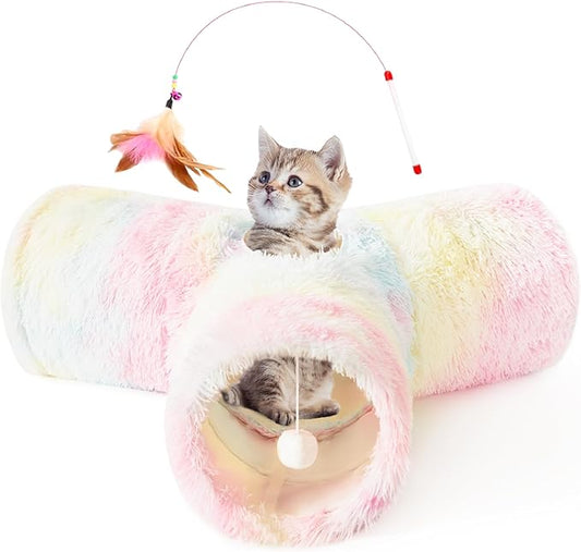 Tempcore Plush Pet Cat Tunnel Tube Cat Toys 3 Way Collapsible, Cat Tunnels for Indoor Cats，Kitty Tunnel Bored Cat Pet Toys Peek Hole Toy Ball Cat, Puppy, Kitty, Kitten, Rabbit Rainbow