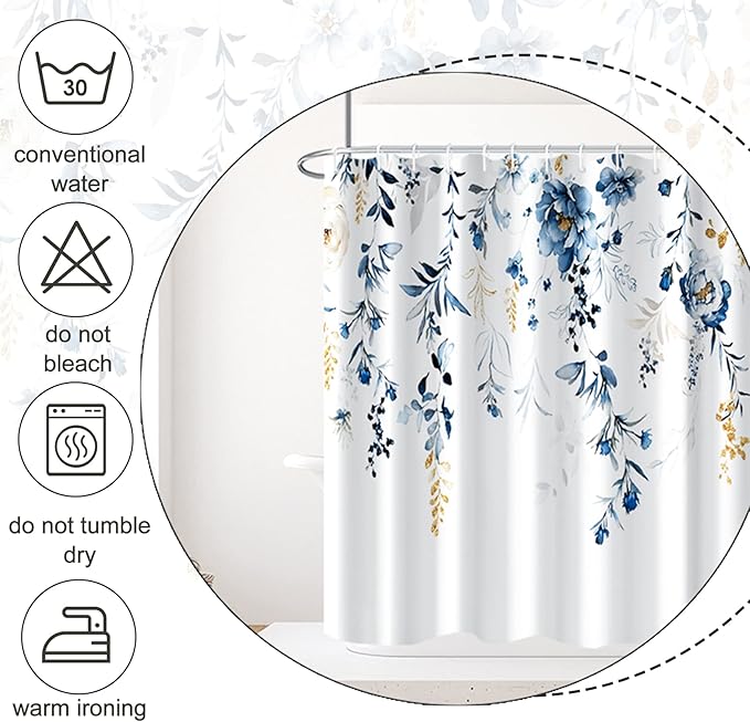 AWERT Blue Plants Shower Curtain with Hooks Watercolor Leaves Shower Curtain for Bathroom Waterproof Bathroom Accessories Bathtub Decor 72x72inch