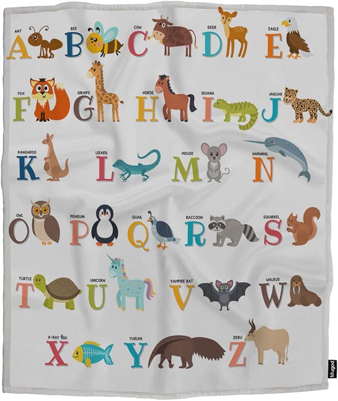 Mugod Zoo Alphabet Throw Blanket Cute Zoo Alphabet with Different Animals in Cartoon Style Decorative Soft Warm Cozy Flannel Plush Throws Blankets for Baby Toddler Dog Cat 30 X 40 Inch