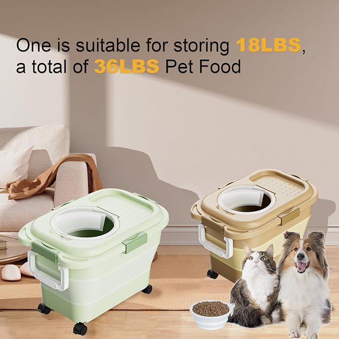 Dog Food Storage Container 2PCS*18LB,Collapsible Dog Food Container with Travel Silicone Bowl and Scoop for Dog/Cat/Bird Food/Cat litter,Keep Dry Food Fresh,Easy to Move.(Green+Brown)