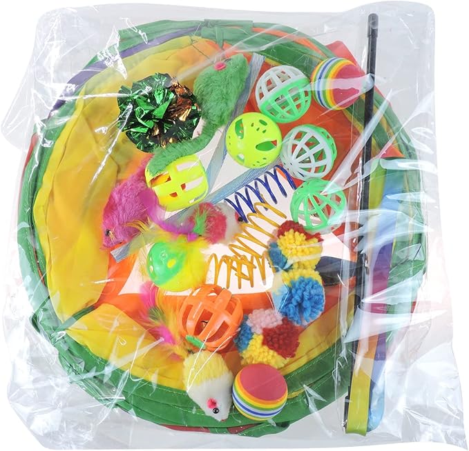 FuninCrea 24 PCS Cat Toys Kitten Toys Assortments, Cat Tunnels for Indoor Cats Variety Cat Toy Pack Fluffy Mouse, Spring Cat Toys, Crinkle Balls Cat Toys for Indoor Cats Kitten