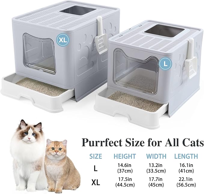 Bolux Foldable Cat Litter Box with Lid, Extra Large Litter Box with Cat Litter Scoop, Drawer Type Cat Litter Pan Easy to Scoop & Low Tracking (Grey XL)