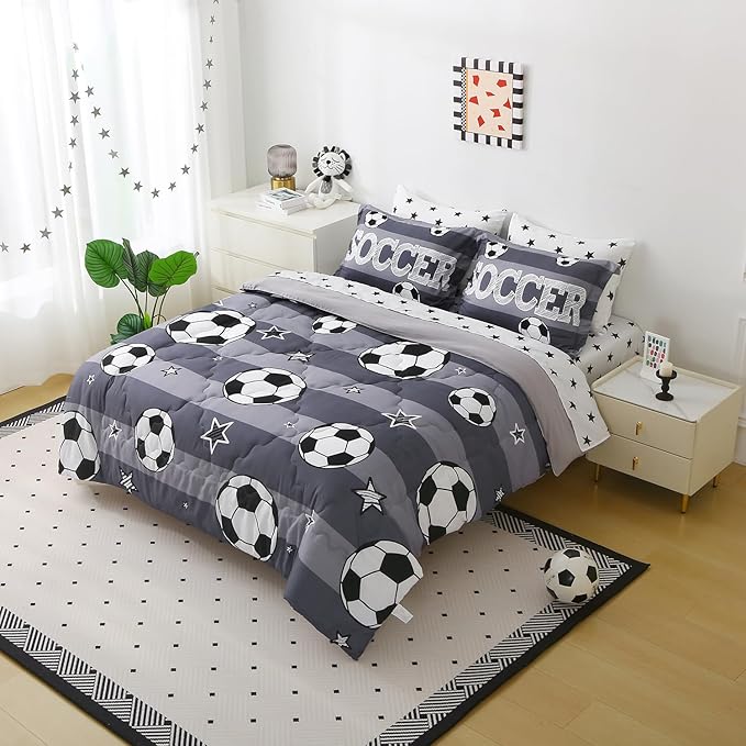 Boys Sports 7 Piece Soccer Comforter Set Full Size 3D Football Playground Bedding Set for Kids Bed Set Gray(Comforter,Flat Sheet,Fitted Sheet and Pillow Sham)