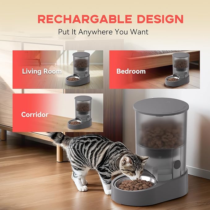 Automatic Cat Feeder, Rechargable 4L Cat Food Dispenser, Timed Pet Feeder with Dry Food Dispenser,Auto Feeder Up to 6 Meals, 6 Portions Per Meal - Grey
