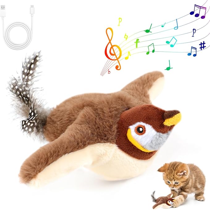 Simulated Chirping Bird Cat Toy,Flapping Chase Bird Cat Toy,Chirping Bird Cat Toy Flapping Wings,Flying Interactive Flapping Chirping Bird Cat Toy,Electric Sparrow Shaking Bird for Bored Indoor Cats