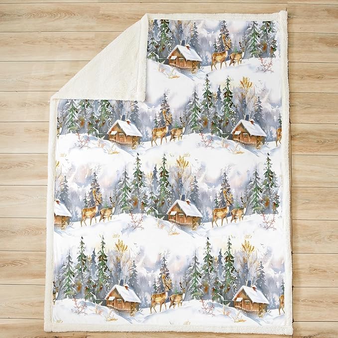 Elk Printed Sherpa Blanket Wild Animal Pattern Fleece Throw Blanket for Sofa Couch Christmas Theme Plush Blanket Winter Nature Tree Deer Room Decor King 87"x85"