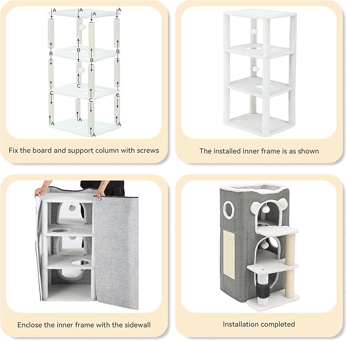 YIATHOME 3-Tier Cat House, Cat Beds for Indoor Cats, Modern Cat Condo with Highway Cave, Scratch & Itching Post, Climbing Stand, Cat Cube Playhouse for Multi Kittens, Grey