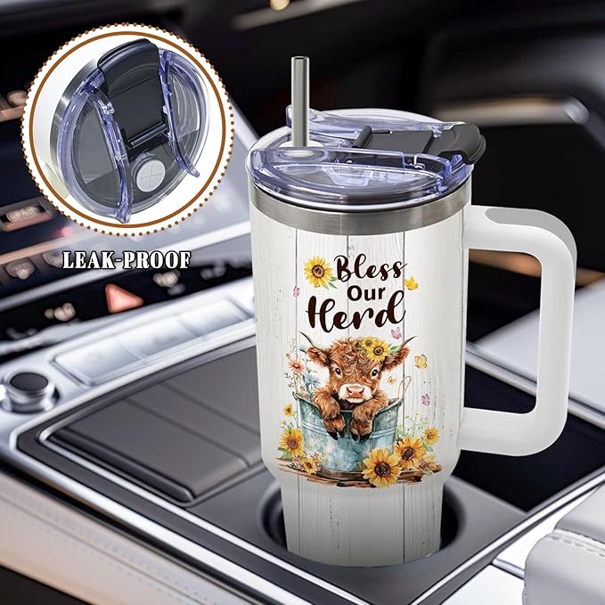Highland Cow Gift, Cute Tumbler for Women, Highland Cow Decor, Birthday Gifts for Cows Lovers, Sunflower Cows Print Gift Idea, 40 Oz Tumbler with Handle