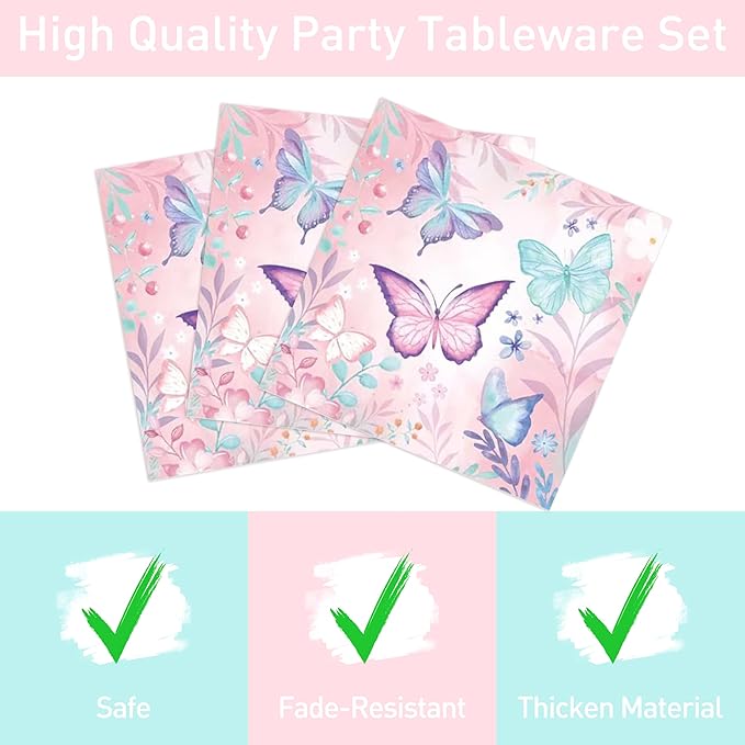 96 Pcs Butterfly Birthday Party Plates Napkins Forks Decorations Tableware Set Supplies Disposable Paper Flower and Butterfly Favors, Serves 24 Guests