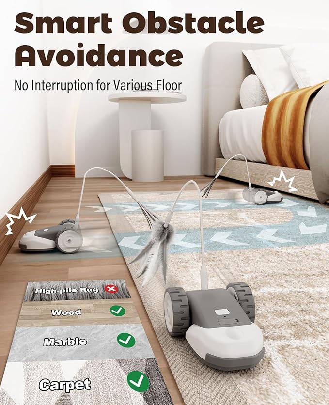 CYROS 3-in-1 Interactive Cat Toy - 2-Speed Automatic Moving Mouse Cat Toys Self Play with 2pcs Hanging Feather String Ribbon and Wiggly Silicone Mice Tail for Bored Indoor Adult Cats Kittens