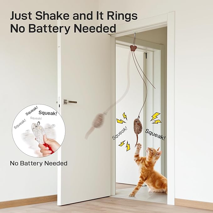 Potaroma Hanging Cat Mice Toys 3 Pcs with Squeaky Sound, Interactive Cat Teaser Retractable, Cat Toys Indoor Kitten Play Chase Exercise, Mental Physical Stimulation